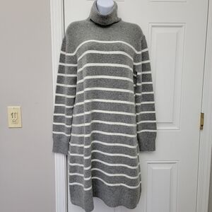 J Crew Gray White Striped Turtleneck Wool Blend Sweater Dress Preppy Cozy Size M